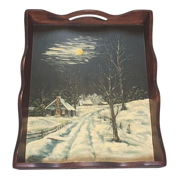 Winter Snow Home Scene By Lee on Wooden Tea Tray 19" x 15" - Picture 1 of 3
